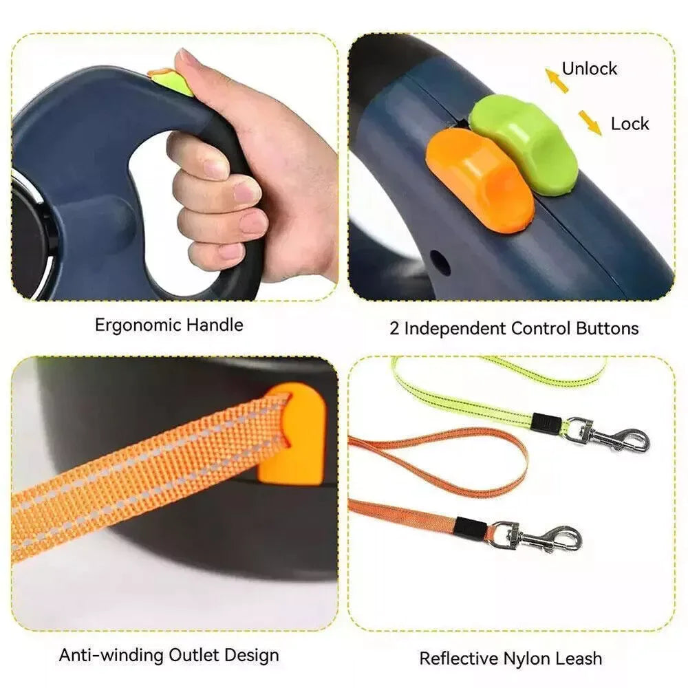Dual Pet Leash – Retractable Reflective 360° Swivel Lead